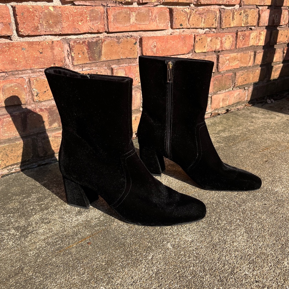 Black Velour Block Heel Ankle Boots